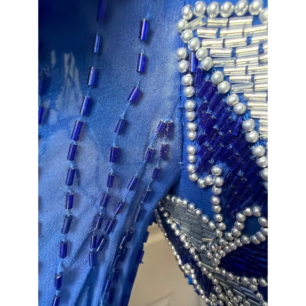 Vintage 80s 90s Silk Beaded Gown Cobalt Blue Dynasty Formal Glam Western Dolly - Picture 8 of 13